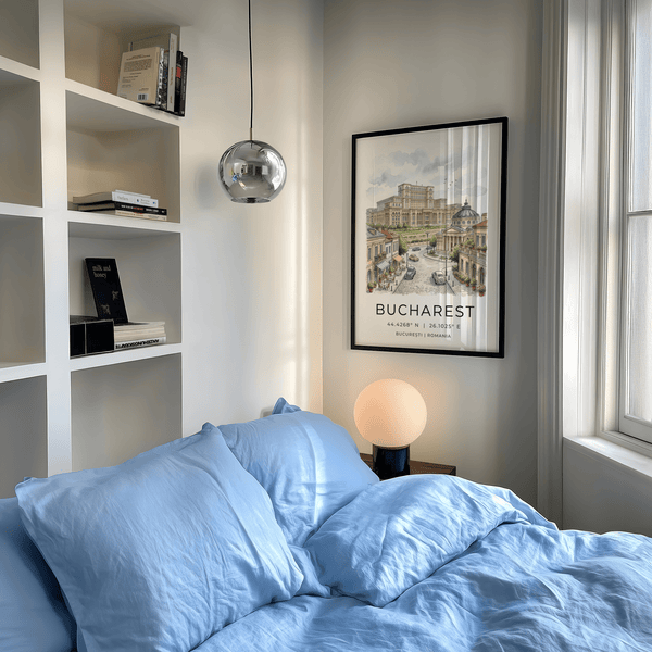 Colorful townhouses flanking wide boulevard in perspective architecture poster design