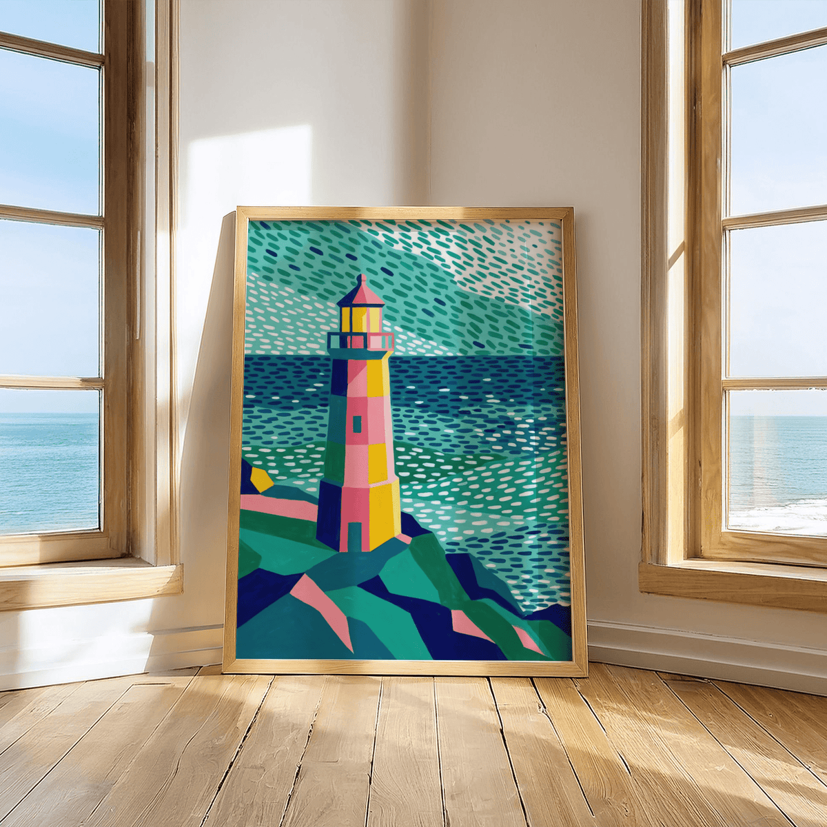 Modern Colourful Lighthouse Print with multicolored palette for kitchen wall display