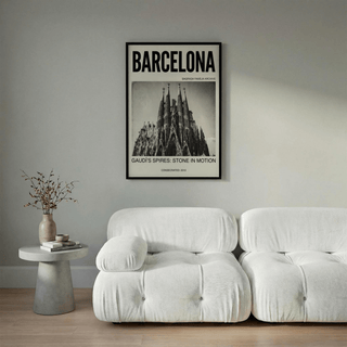 Sagrada Familia Wall Art with “GAUDI’S SPIRES: STONE IN MOTION” caption and 2010 line