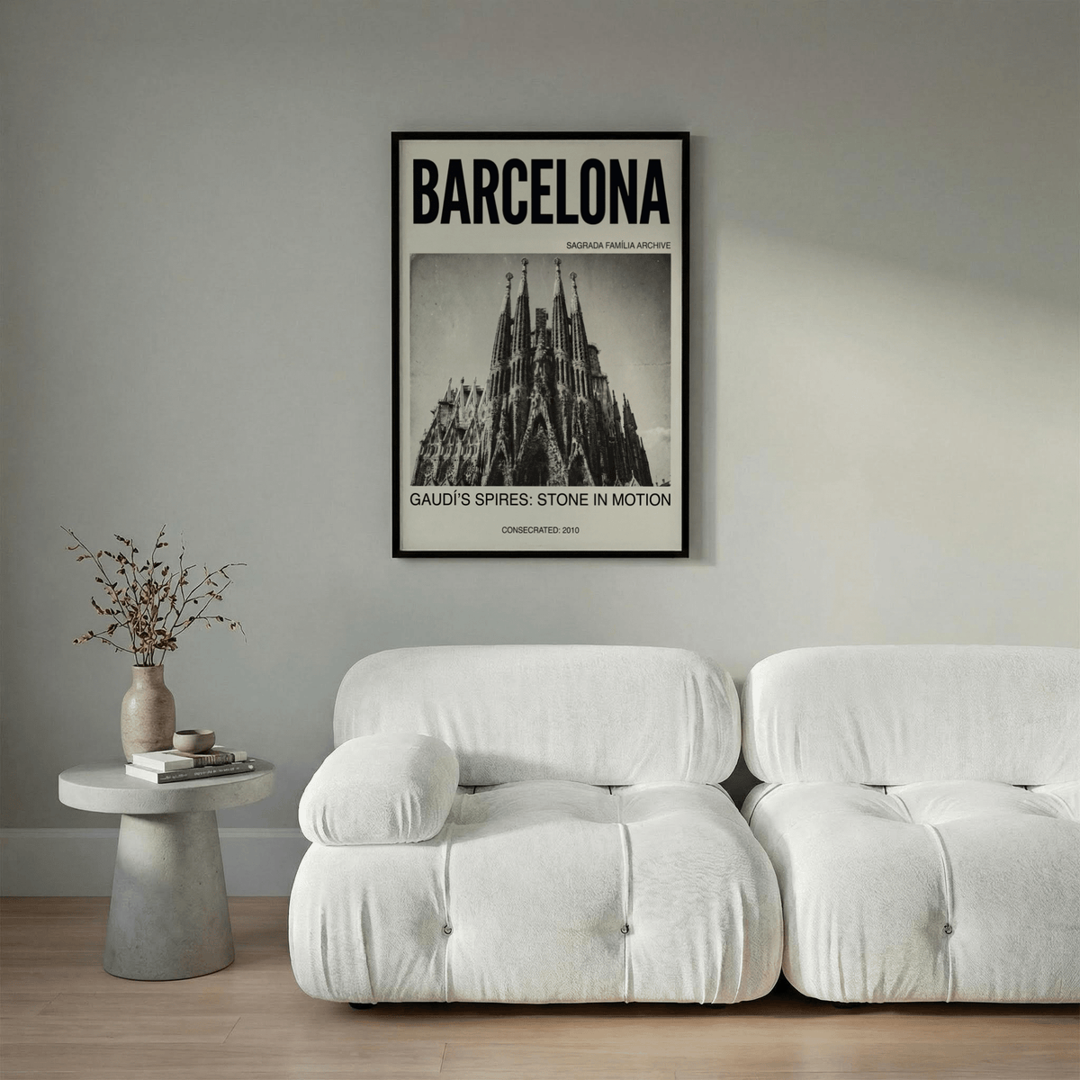 Sagrada Familia Wall Art with “GAUDI’S SPIRES: STONE IN MOTION” caption and 2010 line