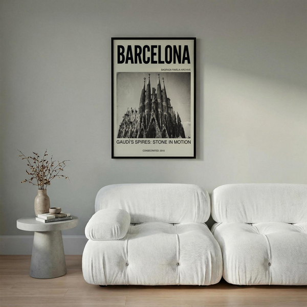 Sagrada Familia Wall Art with “GAUDI’S SPIRES: STONE IN MOTION” caption and 2010 line