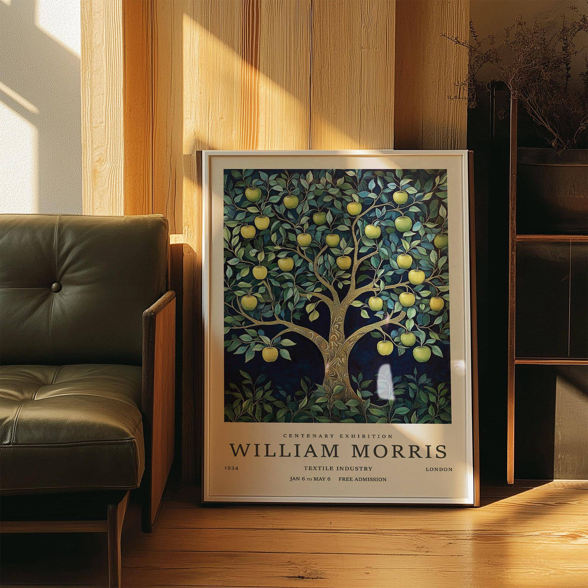 Blue and green leaf detail in tree art print with vintage style