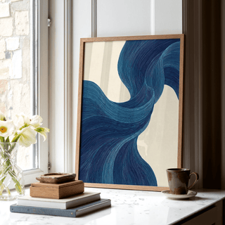 Blue Flowing Wall Art abstract poster in blue and beige for office decor