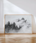 Minimalist mountain art in black and white featuring misty pines and a Japanese temple.