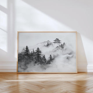 Minimalist mountain art in black and white featuring misty pines and a Japanese temple.