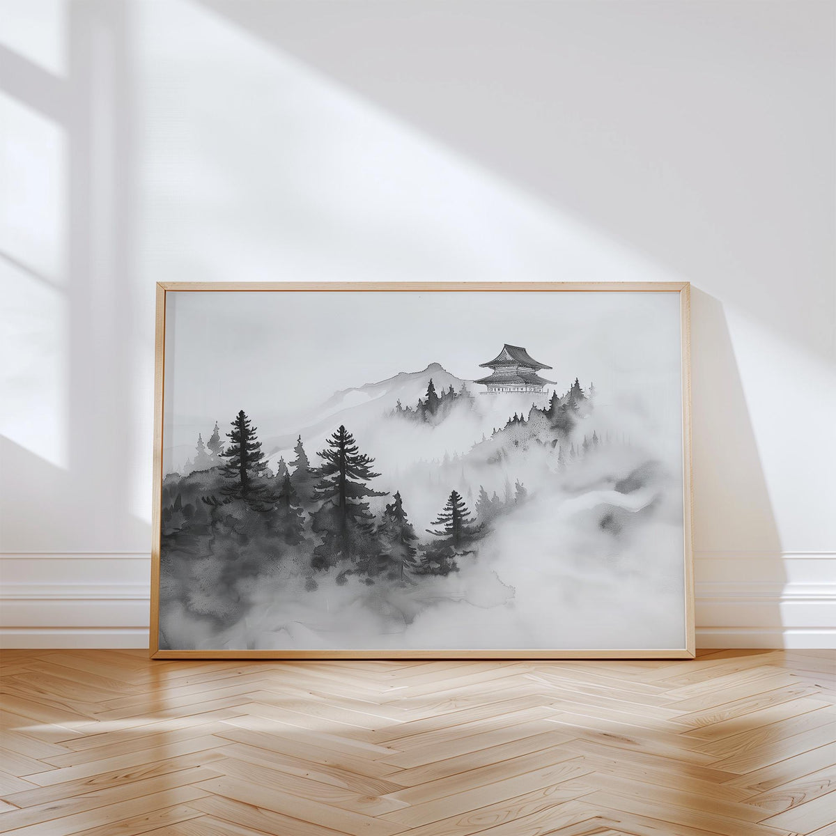 Minimalist mountain art in black and white featuring misty pines and a Japanese temple.