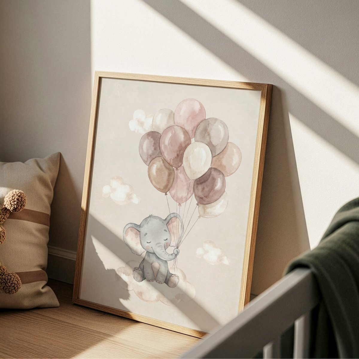 Whimsical nursery print of an elephant with balloons and small clouds