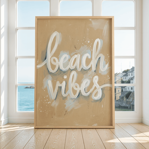 Minimalist Beach Vibes Wall Art, White script for office decor print