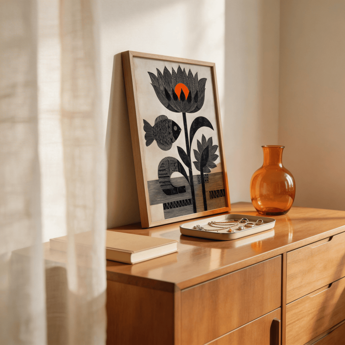 Close-up of lotus flower and fish wall art print with bold linework and geometric base