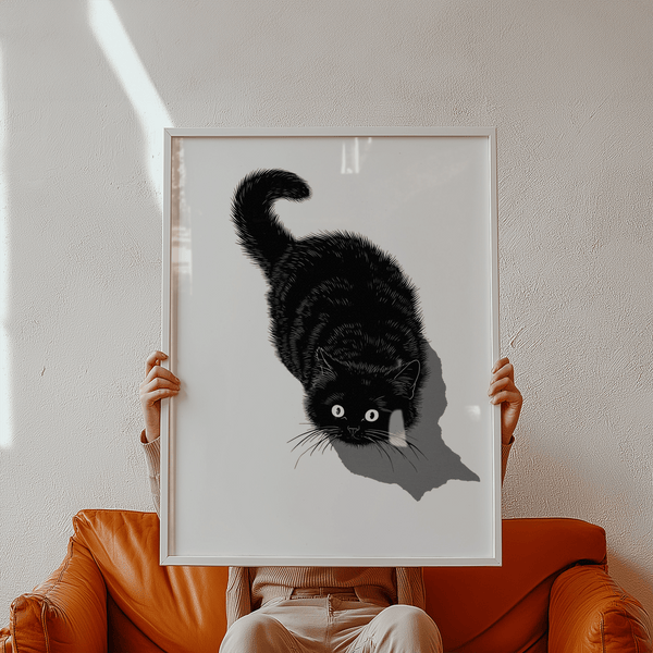 Minimalist Black Cat Print for office space with Black tones
