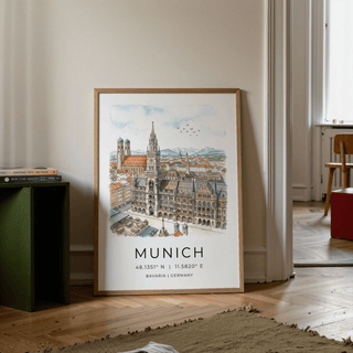 Typography section of Munich travel poster print reading MUNICH with coordinates and Bavaria Germany