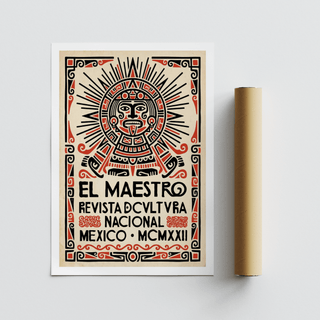 Mexican Culture Poster wall print with central face icon, sunburst composition, and editorial layout