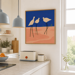 Close-up of long-legged birds wall art with slender beaks and minimal shapes