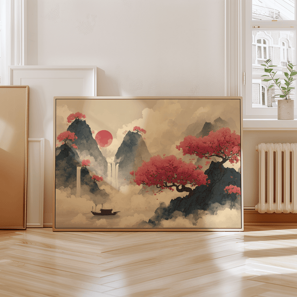 Chinese Ink Wall Art over sofa in Pink, Blue, Beige wall art