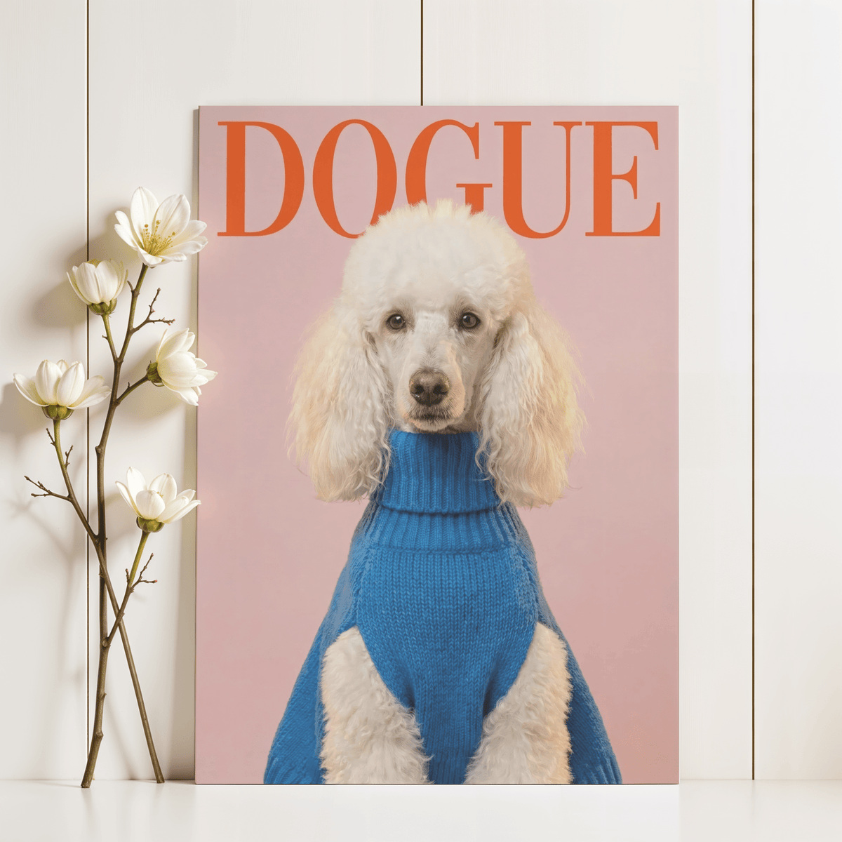 Dogue Poodle Print displaying fashionable dog wall art for office in pink, blue, red