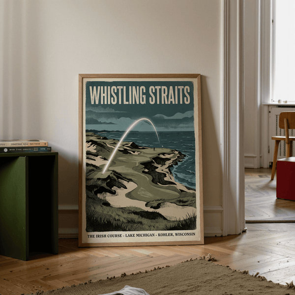 Arcing shot line across the sky on coastal golf course poster print