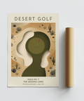 Stylized desert landscape poster with cacti around a golf green