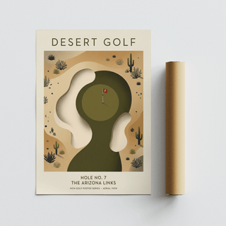 Stylized desert landscape poster with cacti around a golf green