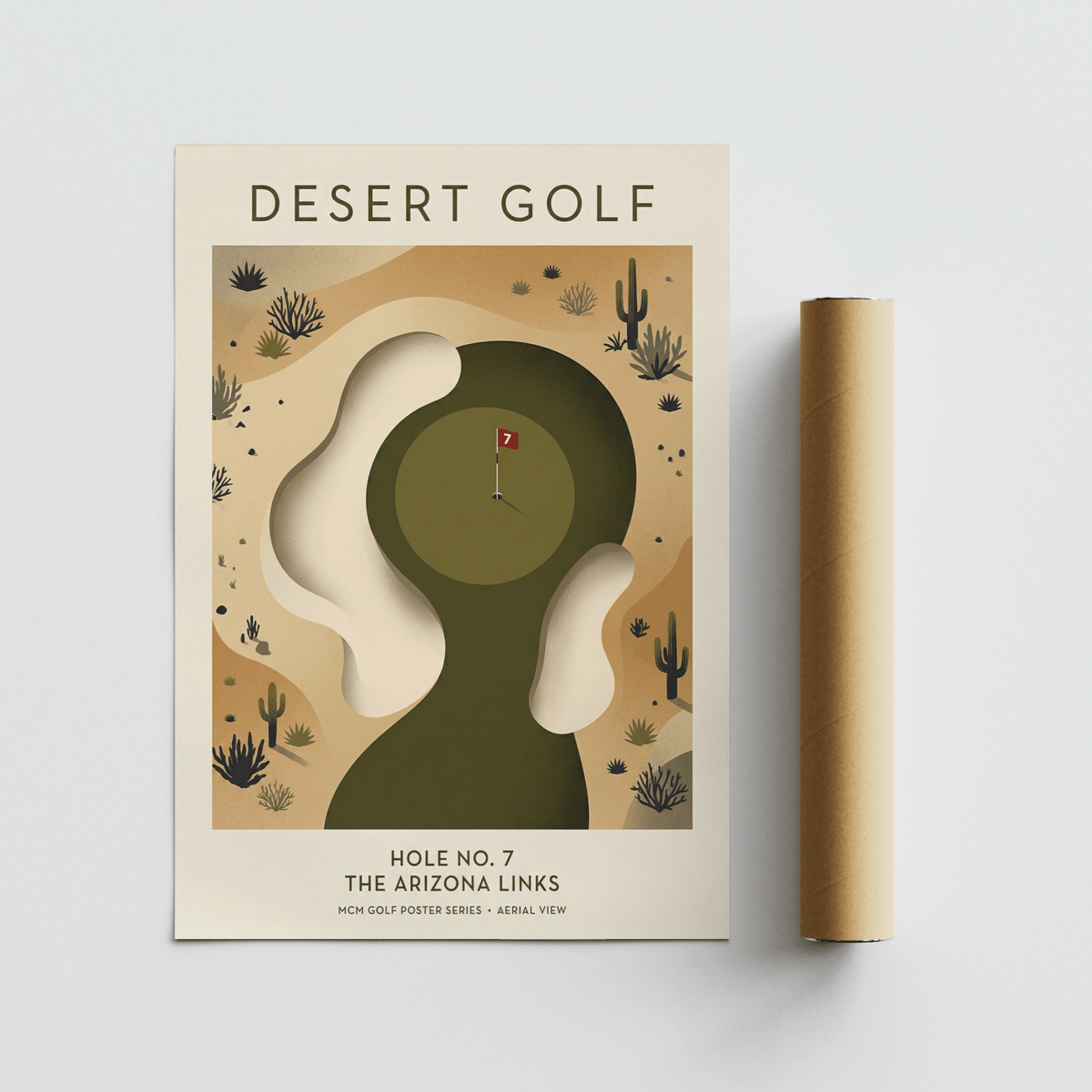 Stylized desert landscape poster with cacti around a golf green