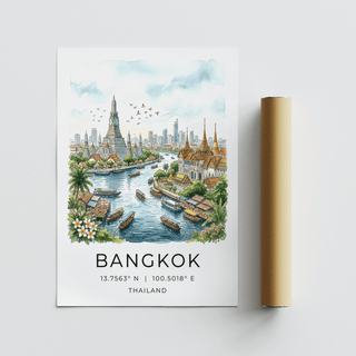 Riverside Bangkok wall art print with boats in foreground and skyline in distance