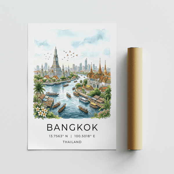 Riverside Bangkok wall art print with boats in foreground and skyline in distance