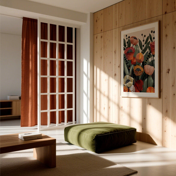 Poppy flower art for bedroom decor with mid-century inspired botanical shapes