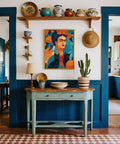 Frida Kahlo cat wall decor in expressive colors with Mexican-inspired textures.