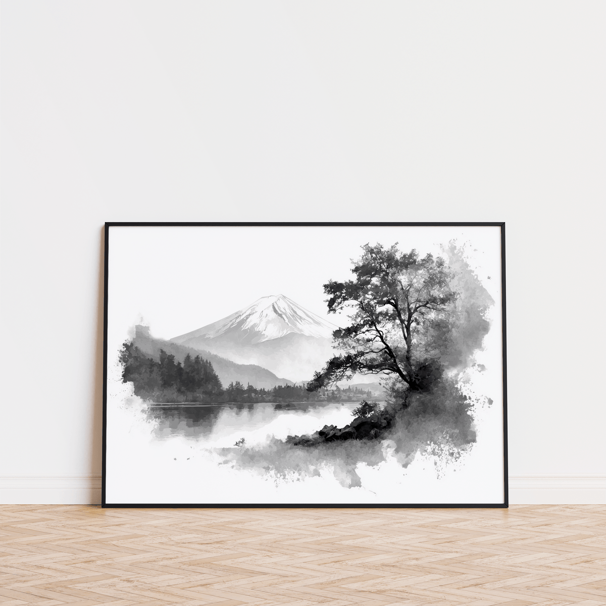 Decorative Black and White Print landscape for entryway, dominant gray, black, and white colors