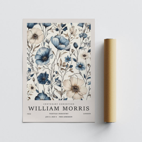 Classic floral print as neutral wall art for living room in beige and indigo.