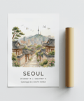 Poster showing a Seoul street between hanok houses leading to modern buildings