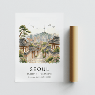 Poster showing a Seoul street between hanok houses leading to modern buildings