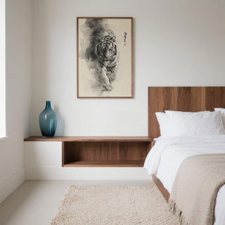 Sumi-e ink painting tiger wall art with detailed brushwork and soft shading.