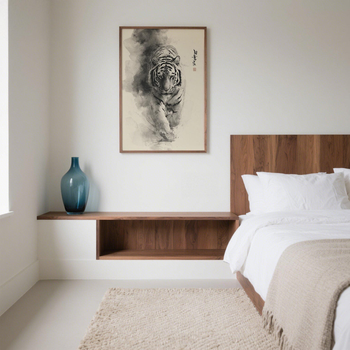 Sumi-e ink painting tiger wall art with detailed brushwork and soft shading.