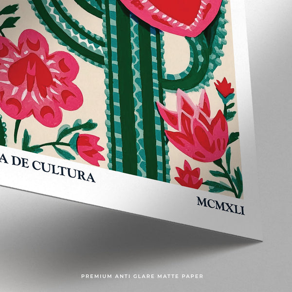 Mexican wall art print with cactus hearts and bold florals.