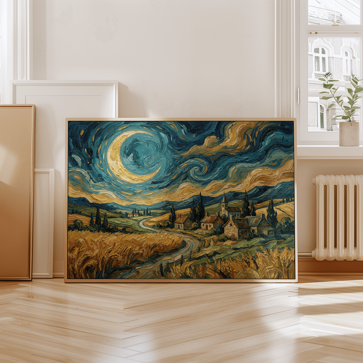 Impressionist Home Decor art print featuring swirling blue skies and yellow fields, perfect for office