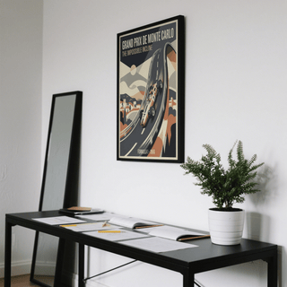 Angled view Grand Prix Wall Art highlighting the dramatic looped roadway and central car