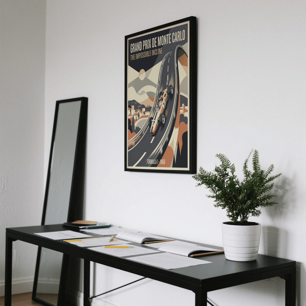 Angled view Grand Prix Wall Art highlighting the dramatic looped roadway and central car
