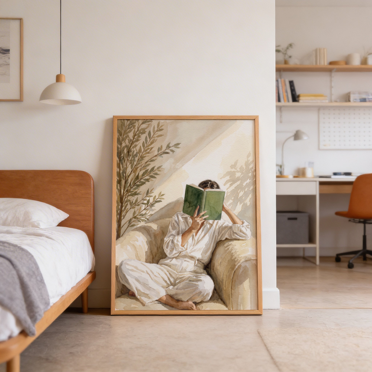 Quiet Neutral Woman Reading Art Print wall print featuring seated reader and leafy framing
