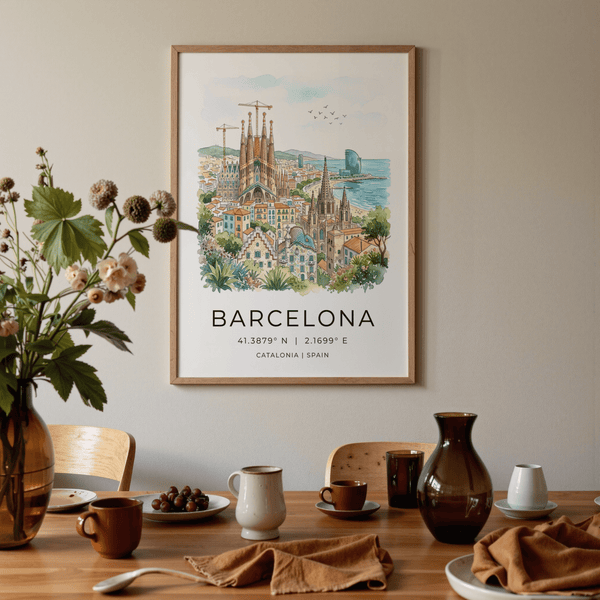Travel-themed Barcelona wall art print with city name and coordinate text