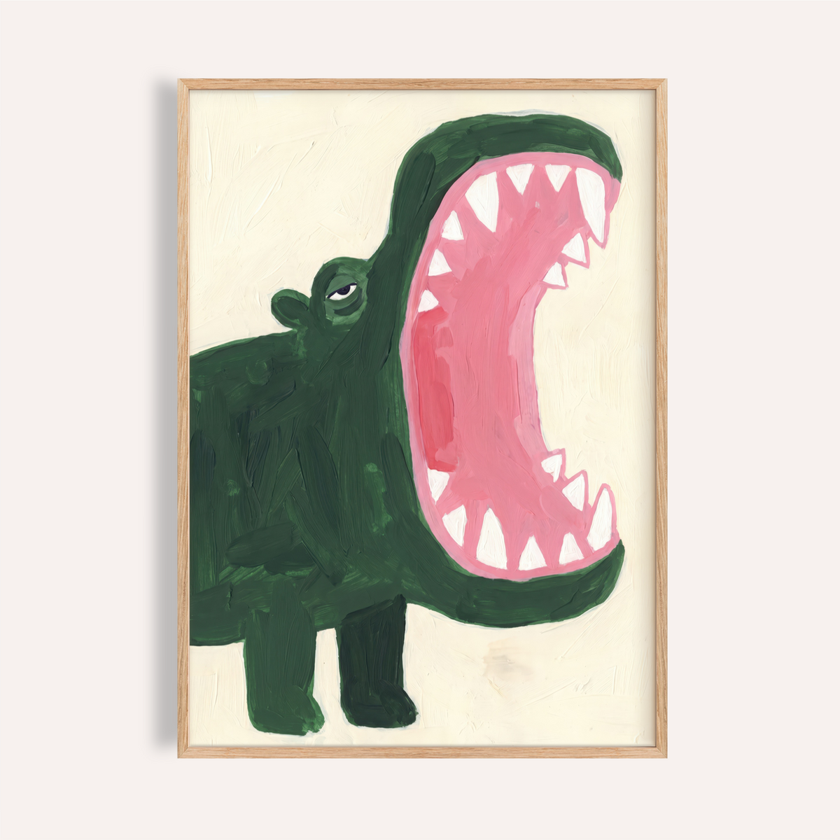 Playful crocodile wall art print with wide-open mouth and triangle teeth