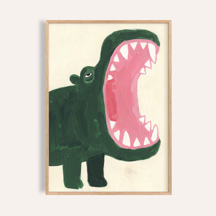 Playful crocodile wall art print with wide-open mouth and triangle teeth