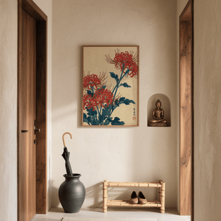Japanese Floral Wall Art depicting chrysanthemum in red and blue for living space