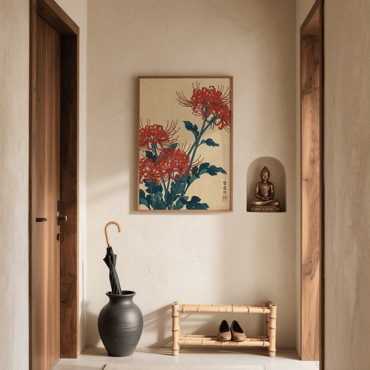 Japanese Floral Wall Art depicting chrysanthemum in red and blue for living space