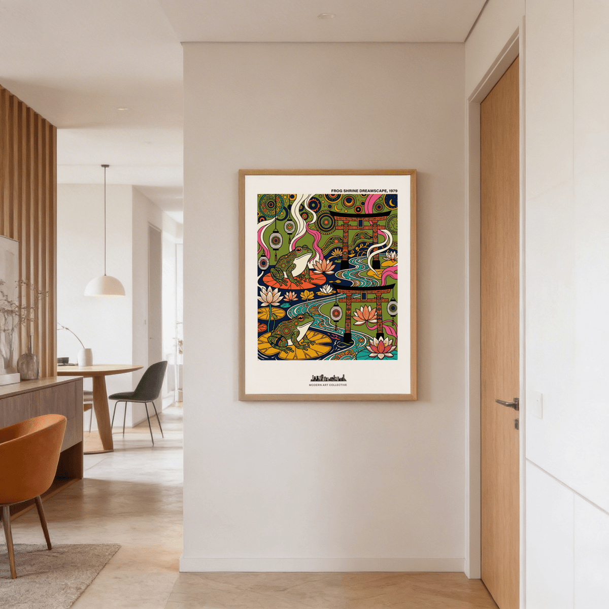 Featuring lanterns and torii gates over a lotus pond, Japanese Frog Art Print wall decor poster