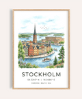 Watercolor Stockholm city skyline poster with church spire and boats