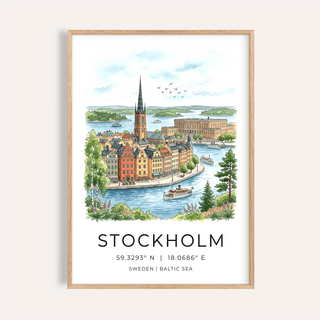 Watercolor Stockholm city skyline poster with church spire and boats