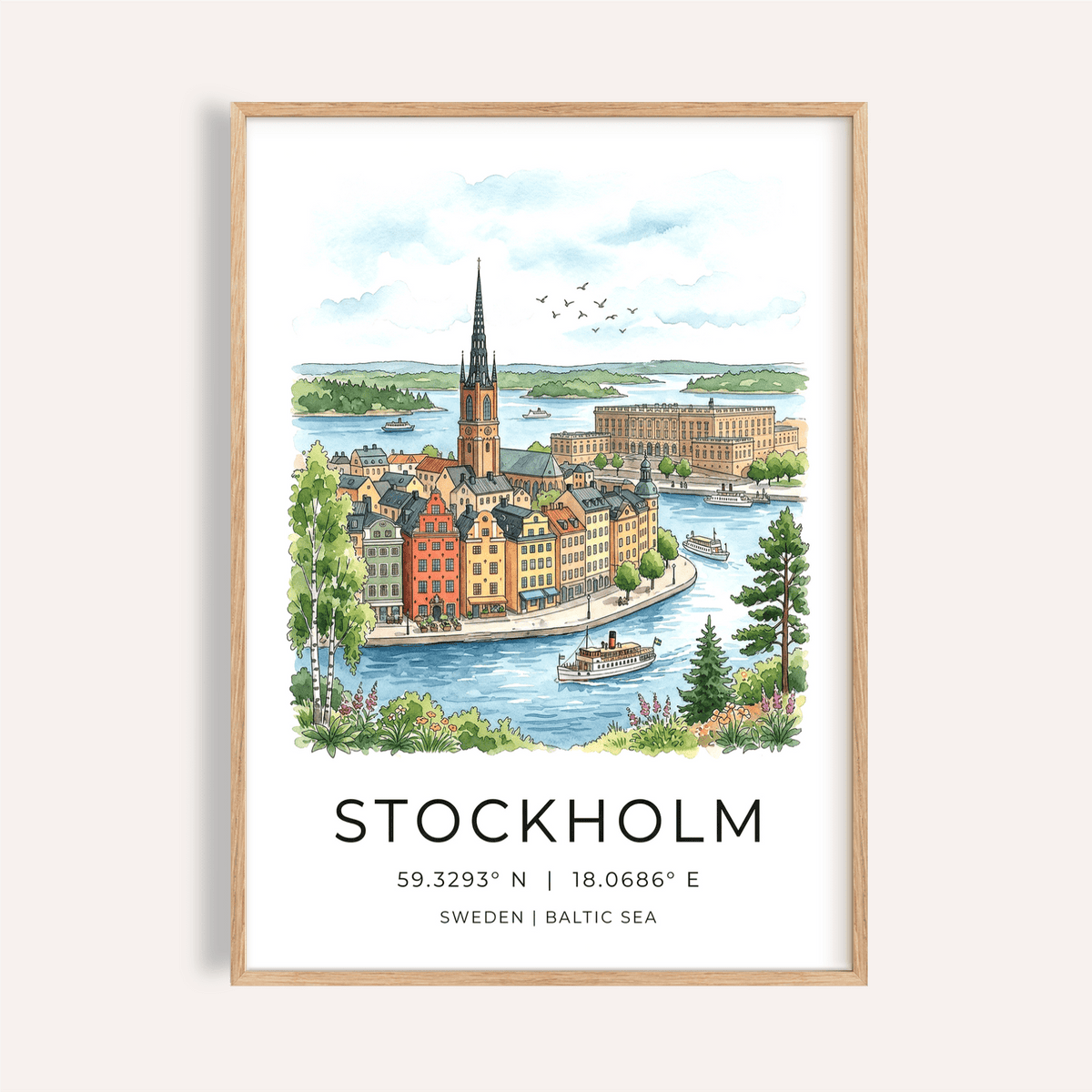 Watercolor Stockholm city skyline poster with church spire and boats