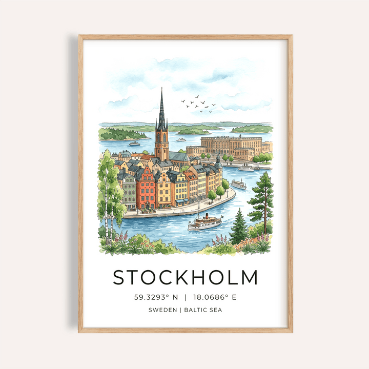 Watercolor Stockholm city skyline poster with church spire and boats