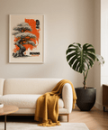 Cherry Blossom Tree Poster with Orange blooms, Black trunk for living room wall art
