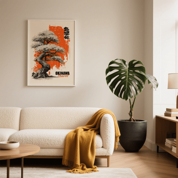 Cherry Blossom Tree Poster with Orange blooms, Black trunk for living room wall art